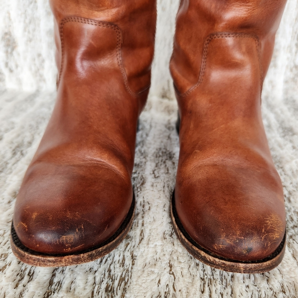 Frye "Melissa Button" Tall Riding Boots Cognac Brown Leather | Women's Size 5.5B - Picture 3 of 15
